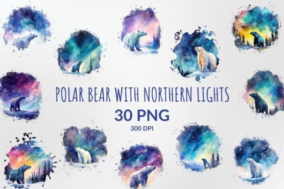 Download Polar Bear with Northern Lights Clipart - Clipart Collection