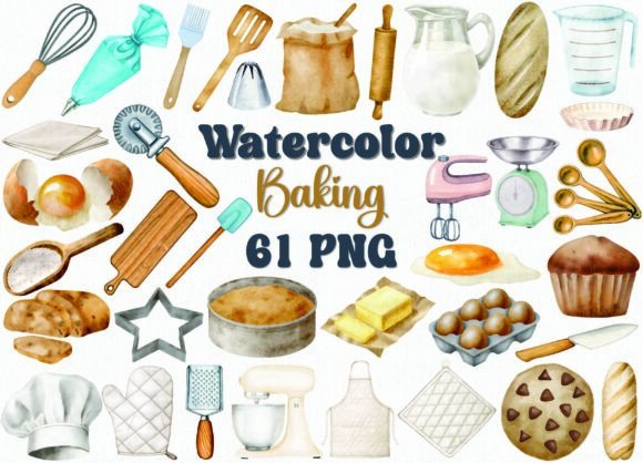 Download Watercolor Baking Clipart Set, 61 PNG - Clipart Collection