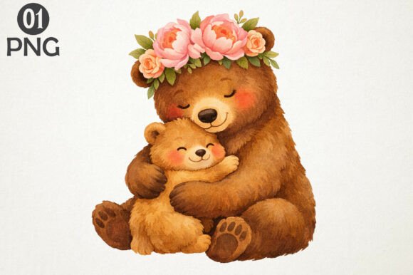Download Cute Bear Mom Baby Floral Clipart PNG - Clipart Collection