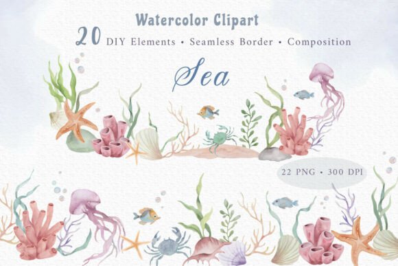 Download Painted Watercolor Sea Life Clipart Set - Clipart Collection