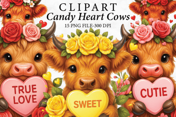 Download Valentine Candy Highland Cow Clipart Set - Clipart Collection