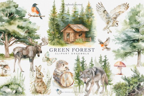 Download Watercolor Green Forest Clipart Set - Clipart Collection