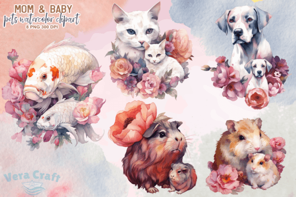 Download Mom &amp; Baby Pets Watercolor Clipart - Clipart Collection