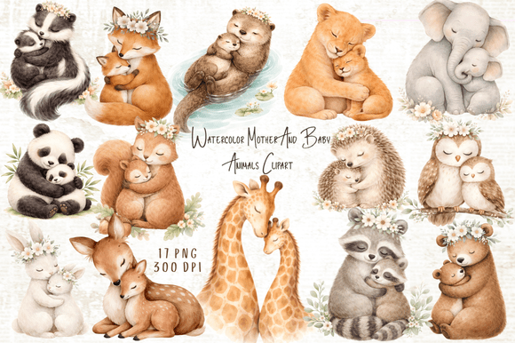 Download Mother &amp; Baby Animals Watercolor Clipart - Clipart Collection