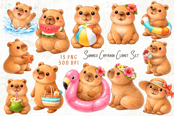Download Summer Capybara Clipart Set PNG - Clipart Collection
