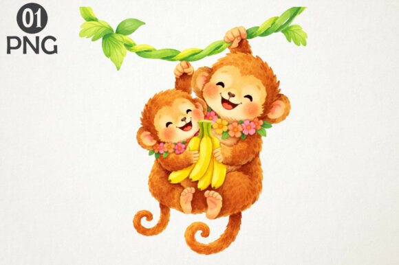Download Cute Baby Monkeys Banana Clipart PNG - Clipart Collection