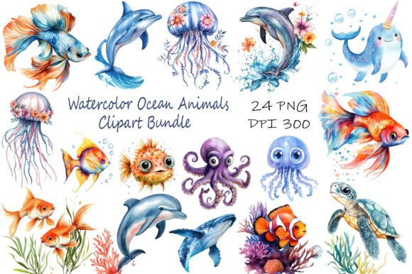 Download Watercolor Ocean Animals Clipart Bundle - Ocean Collection