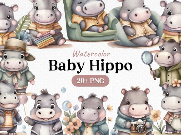 Download Watercolor Bundle Baby Hippo Clipart PNG - Clipart Collection