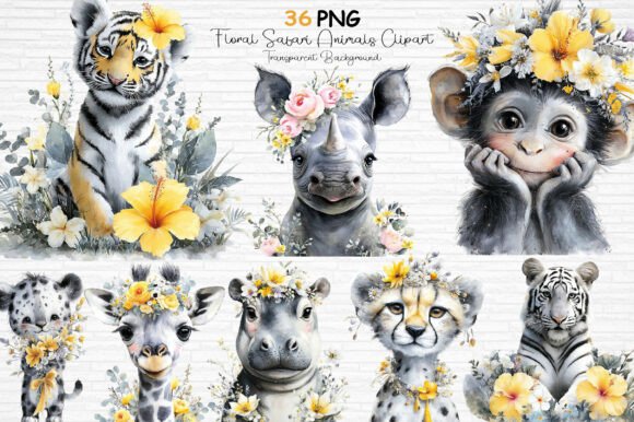 Download Floral Safari Animals Clipart PNG - Clipart Collection