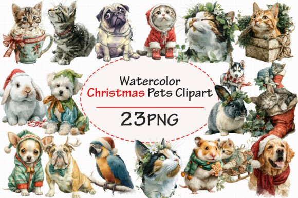 Download Watercolor Christmas Pets Clipart Bundle - Clipart Collection