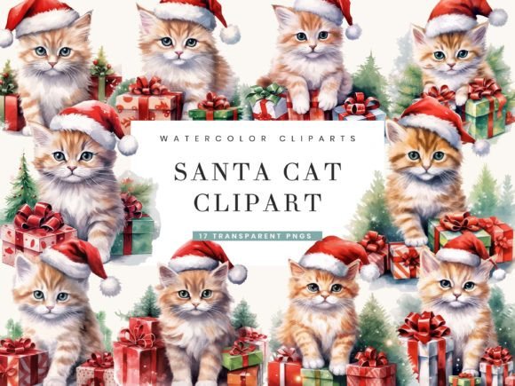Download Watercolor Santa Cat Clipart - Clipart Collection
