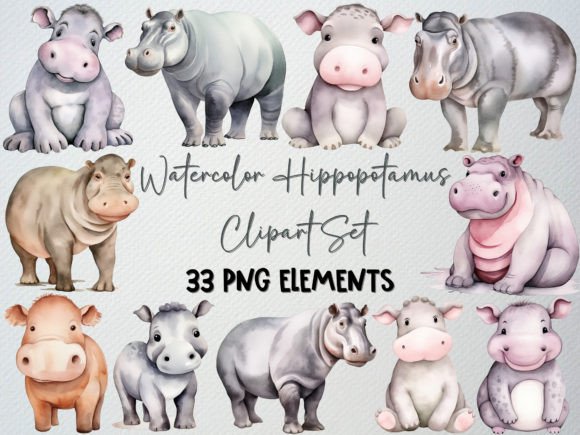 Download Watercolor Hippo Clipart Set, Baby Hippo - Clipart Collection