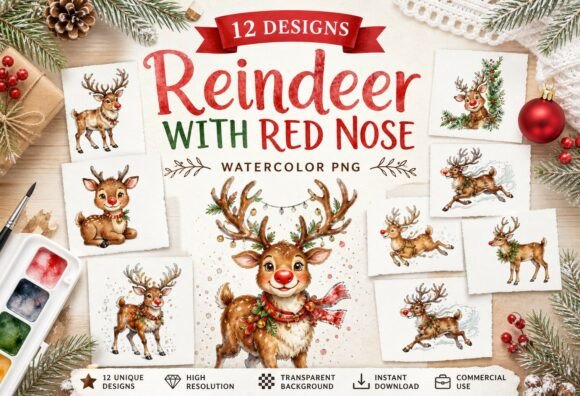 Download Watercolor Rudolph Reindeer PNG Clipart - Clipart Collection
