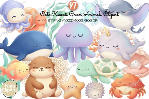 Download Cute Kawaii Ocean Animals Clipart Set - Ocean Collection