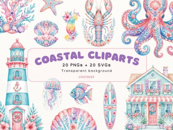 Download Coastal Watercolor Cliparts, Sea Life - Clipart Collection