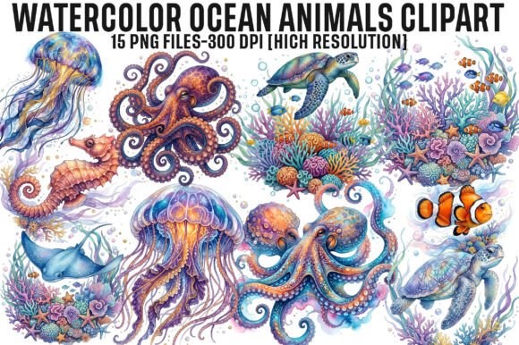 Download Watercolor Ocean Animals Clipart PNG - Ocean Collection