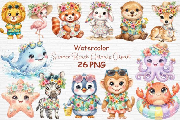 Download Watercolor Summer Beach Animals Clipart - Clipart Collection