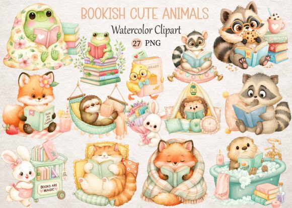 Download Bookish Cute Animals Watercolor Clipart - Clipart Collection