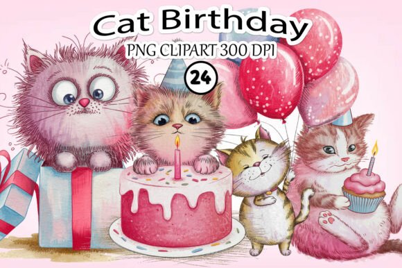 Download Whimsical Cat Birthday Clipart - Clipart Collection