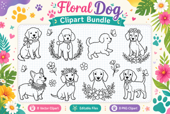 Download Floral Dog Digital Stamp Clipart PNG - Clipart Collection