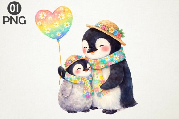 Download Cute Penguin Mom Baby Floral Clipart PNG - Clipart Collection