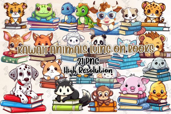 Download Kawaii Animals Lying on Books Clipart - Clipart Collection