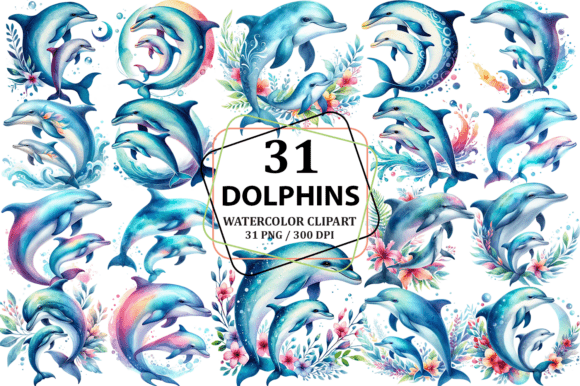 Download Watercolor Mother &amp; Calf Dolphin Clipart - Clipart Collection