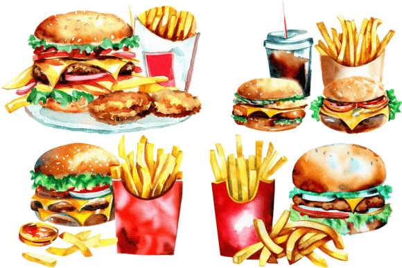 Download 4 Fast Food Watercolor Clipart Bundle - Clipart Collection