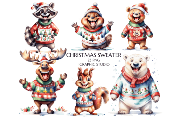 Download Christmas Animal in Sweater Clipart Bund - Clipart Collection