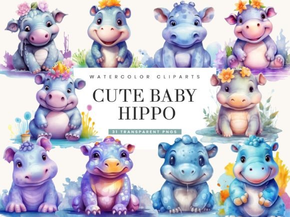Download Watercolor Cute Baby Hippo Clipart Png - Clipart Collection